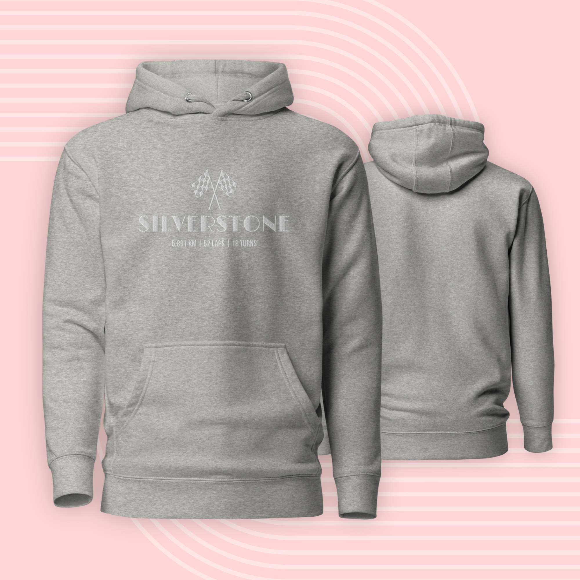 Premium embroidered Silverstone hoodie inspired by the British Grand Prix. Minimalist motorsport streetwear for racing fans and everyday wear.