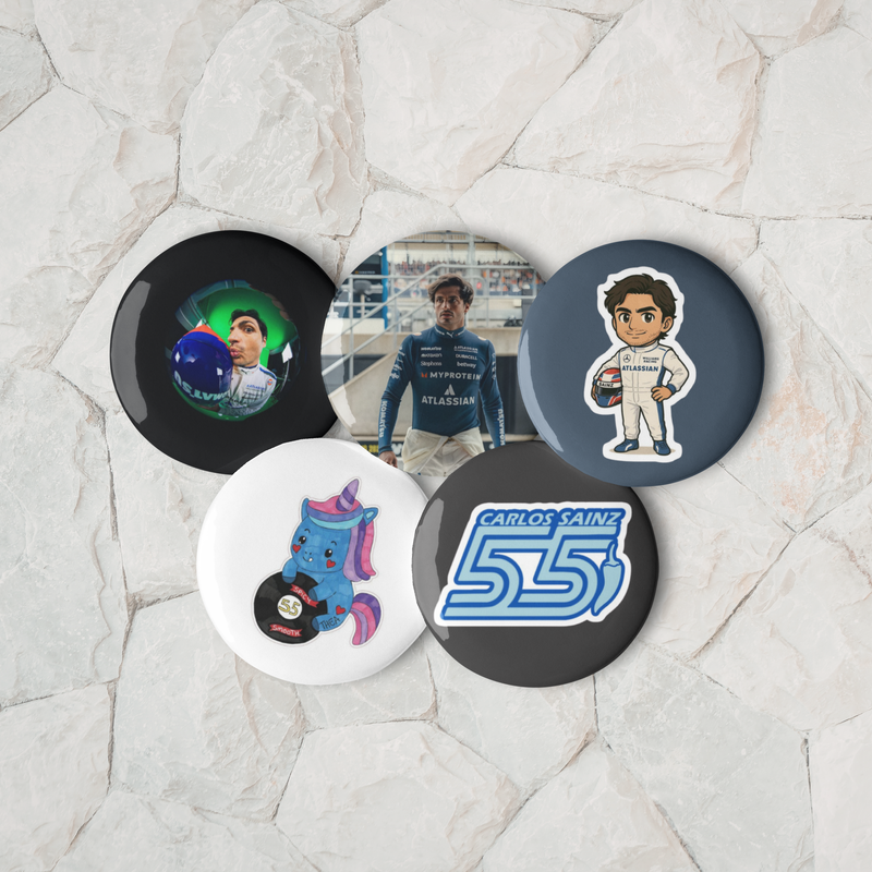 Formula 1 inspired motorsport pin button set with five racing themed designs including racing driver illustration and driver number graphic