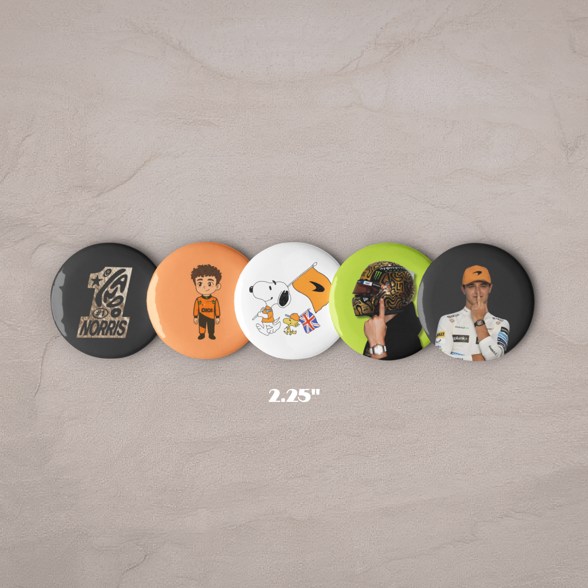 Formula 1 inspired motorsport pin button set with five racing themed designs in orange motorsport style