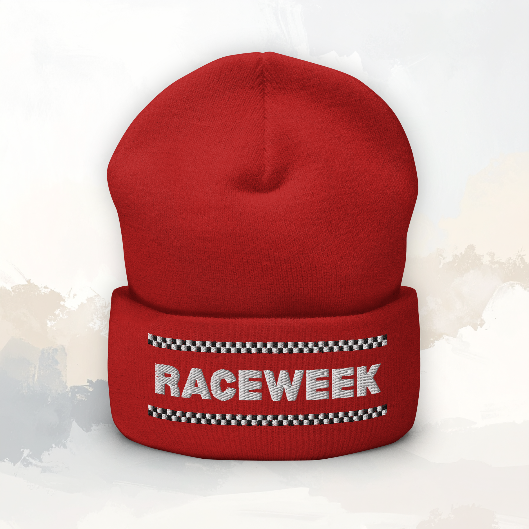 Raceweek motorsport beanie inspired by Formula 1 with checkered flag design worn by model