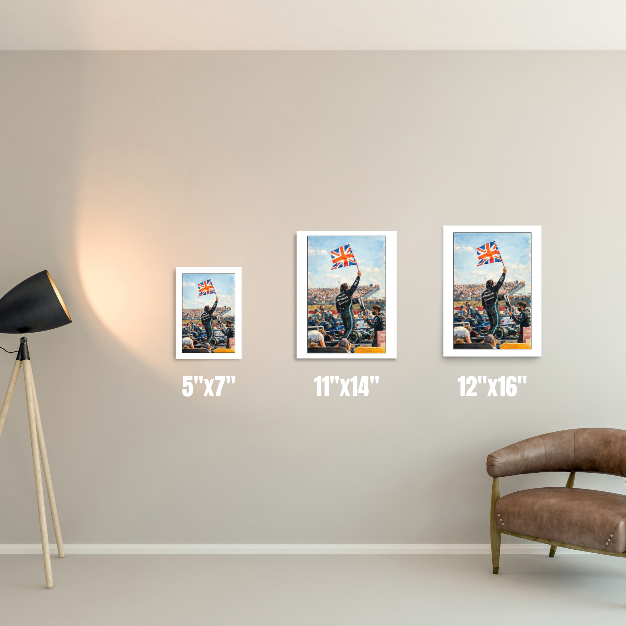 British motorsport victory poster featuring a racing driver celebrating with the Union Jack. Premium matte wall art for true racing fans.