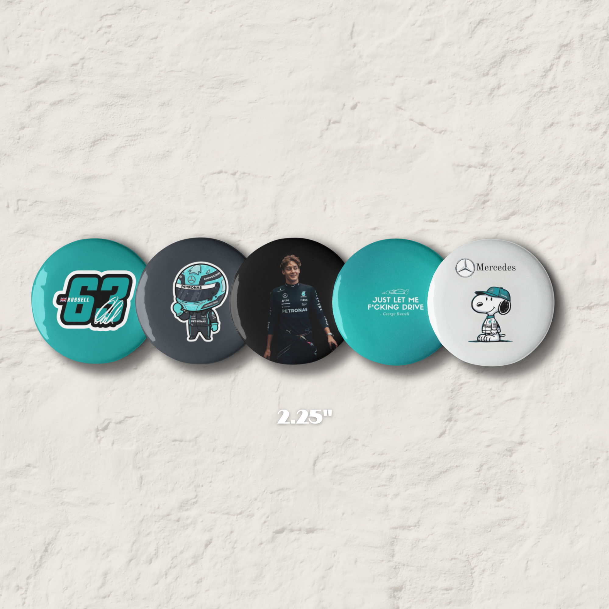 Formula 1 inspired motorsport pin button set with five racing themed designs featuring racing driver and motorsport graphics