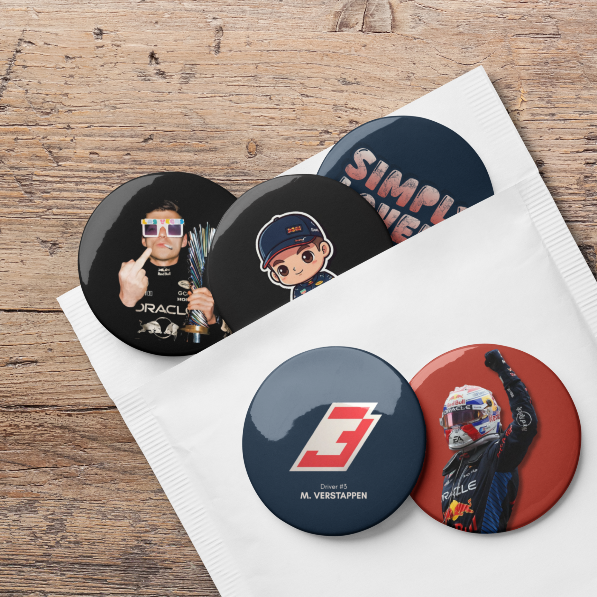 Formula 1 inspired motorsport pin button set with five racing themed designs including racing driver and motorsport graphics