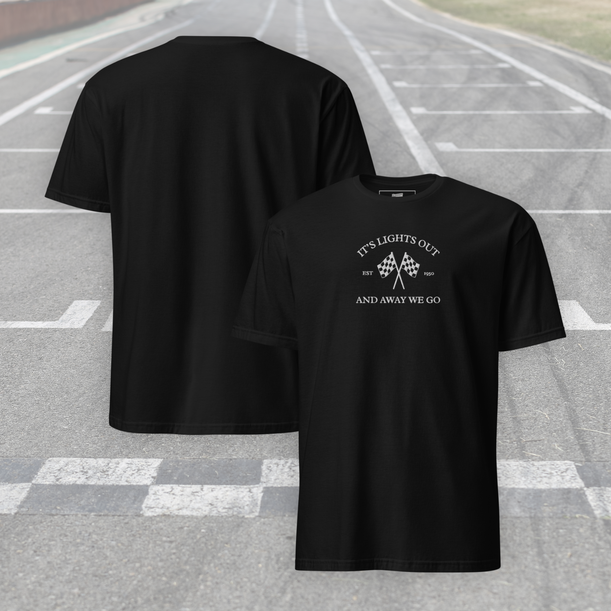 Vintage racing t-shirt featuring “It’s Lights Out and Away We Go” with checkered flags. Soft 100% cotton motorsport graphic tee for true race fans.