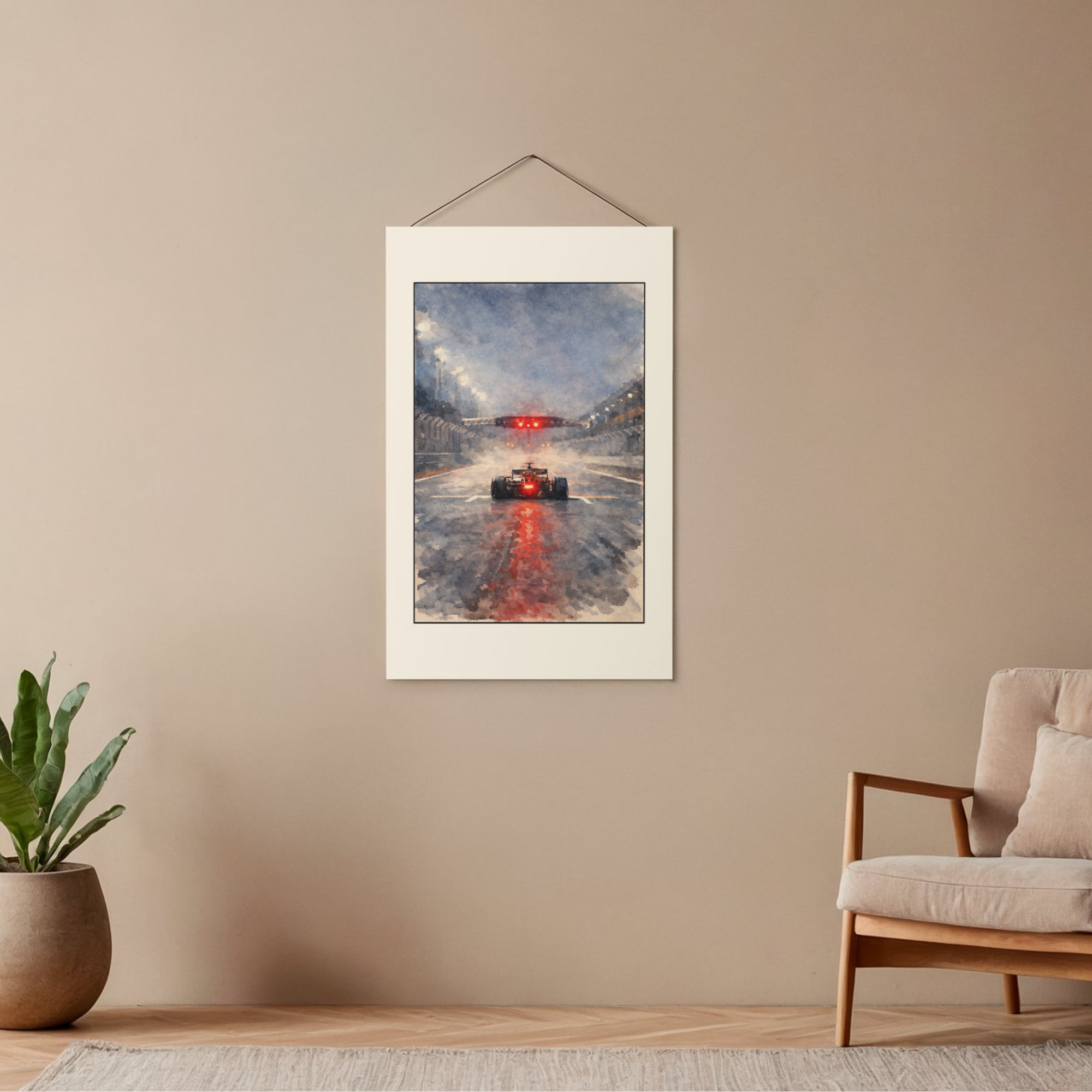 Formula 1 inspired rain race poster featuring dramatic start lights and wet track reflections. Museum-quality matte print for true motorsport fans.