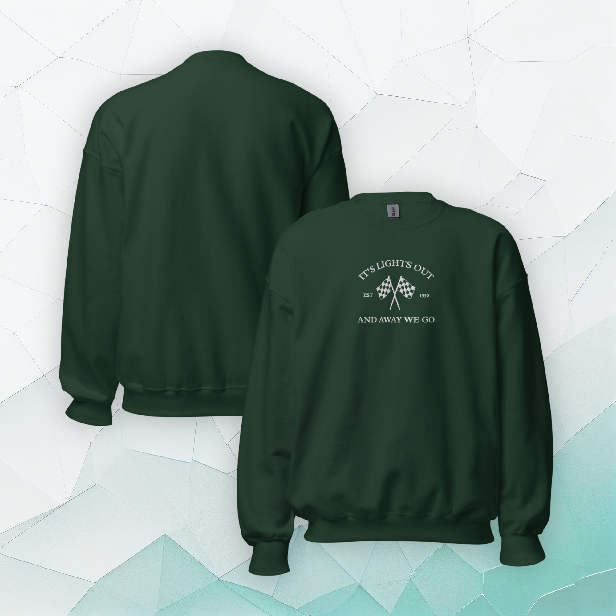 Vintage racing sweatshirt featuring “It’s Lights Out and Away We Go” with checkered flags. Warm motorsport crewneck for race fans and car enthusiasts.