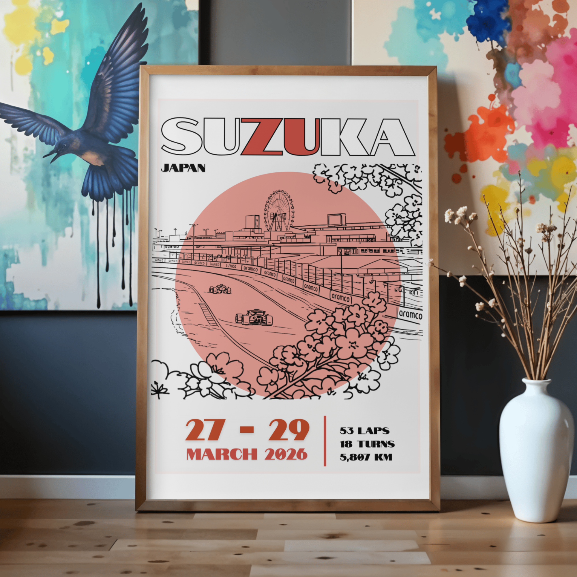 Suzuka Circuit Formula racing poster inspired by the Japanese Grand Prix. Premium motorsport wall art for sim setups, offices and racing fans.