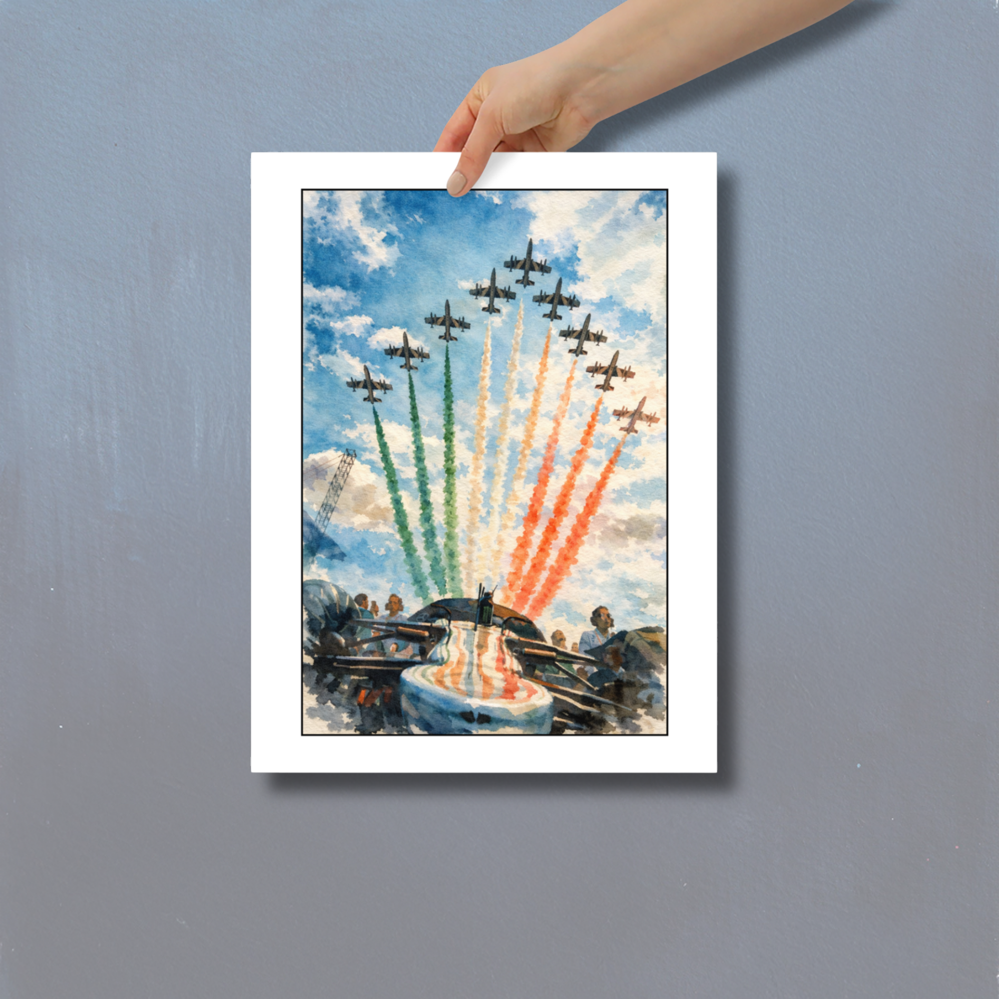 Italian Grand Prix Formula 1 inspired poster with jets flying over racing car and Italian flag smoke trails watercolor artwork