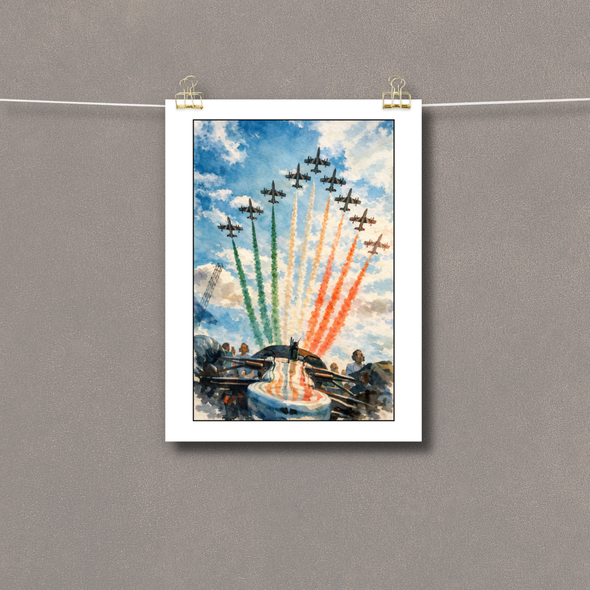 Italian Grand Prix Formula 1 inspired poster with jets flying over racing car and Italian flag smoke trails watercolor artwork