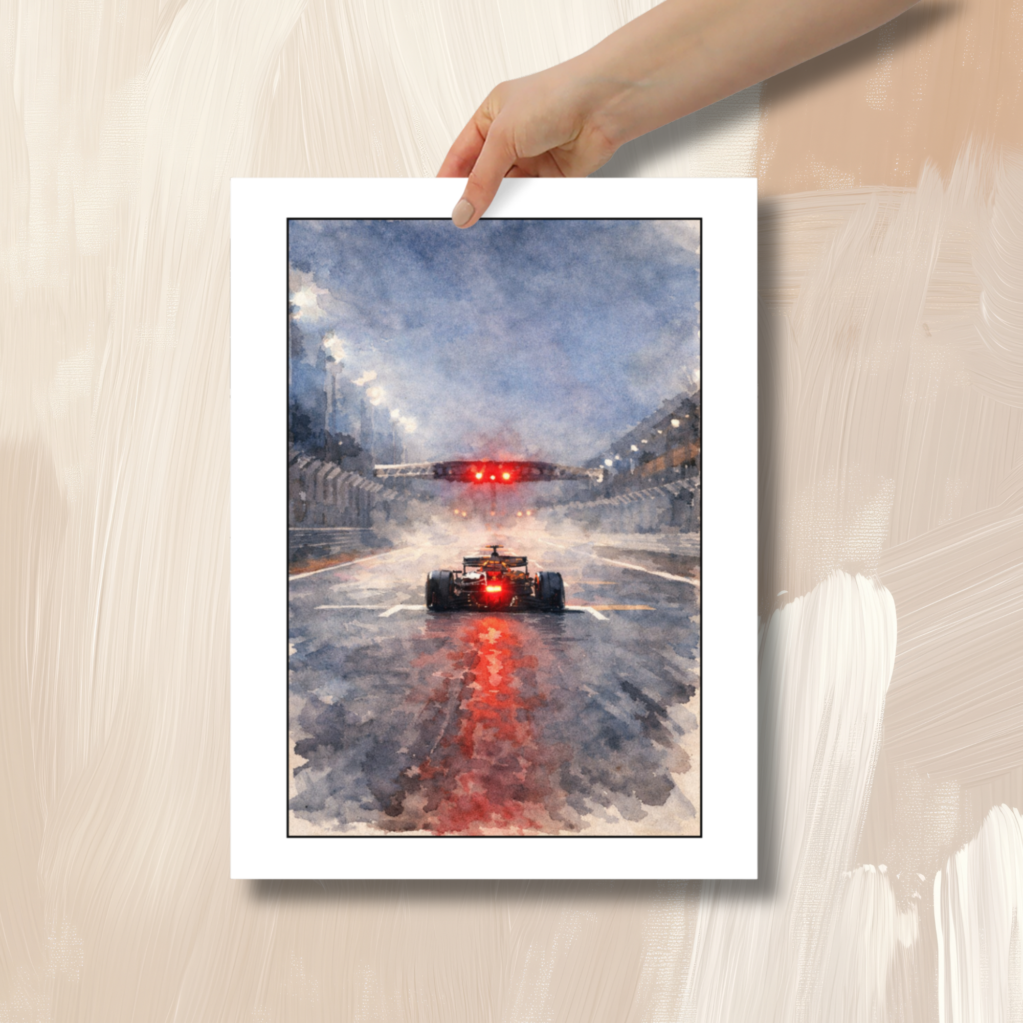 Formula 1 inspired rain race poster featuring dramatic start lights and wet track reflections. Museum-quality matte print for true motorsport fans.