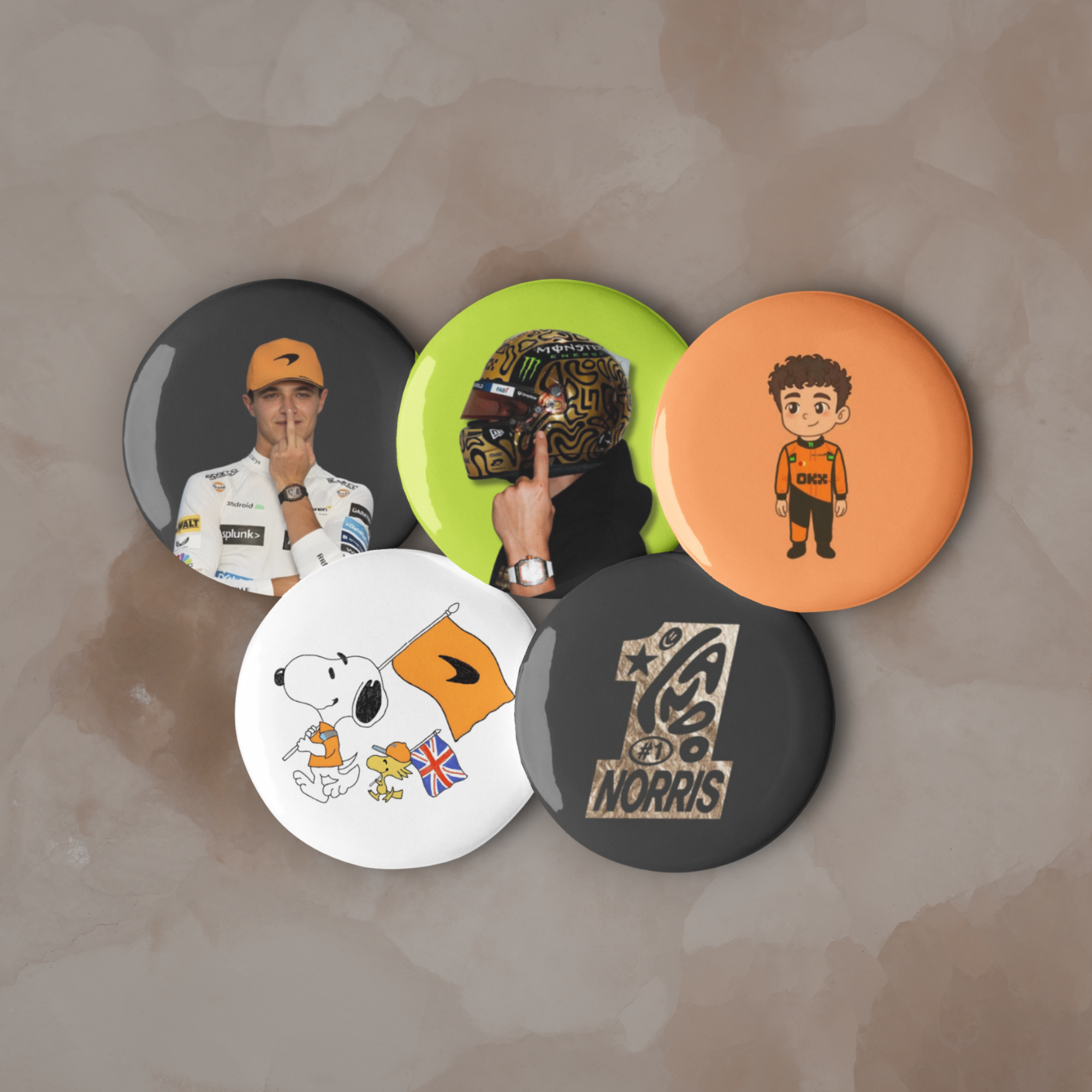Formula 1 inspired motorsport pin button set with five racing themed designs in orange motorsport style