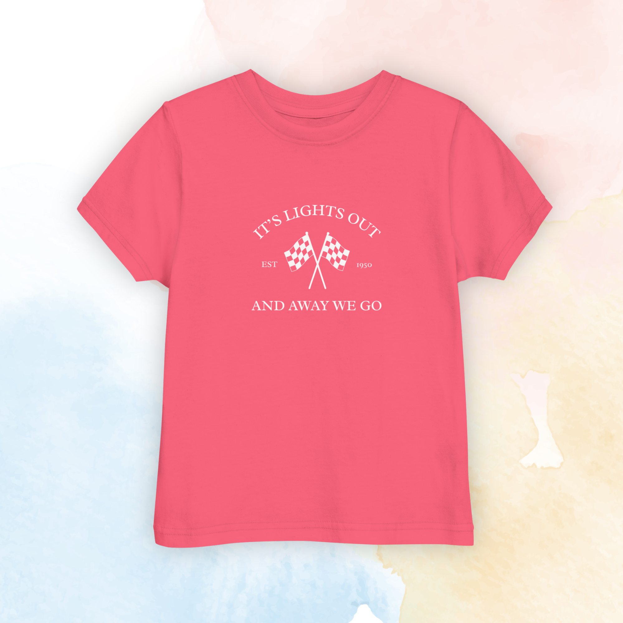 Toddler racing t-shirt featuring “It’s Lights Out and Away We Go” with checkered flags. Soft printed kids motorsport tee for little race fans.