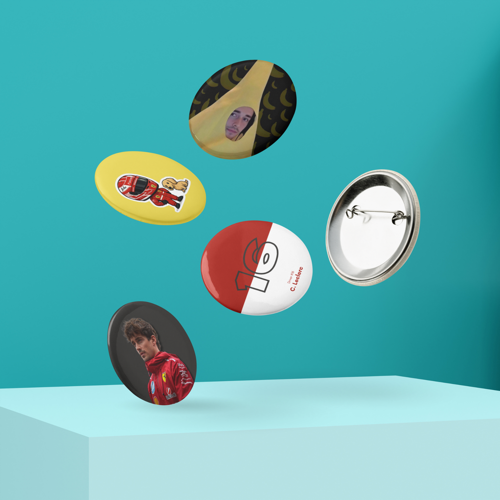 Formula 1 inspired motorsport pin button set with five racing themed designs including driver number and motorsport graphics