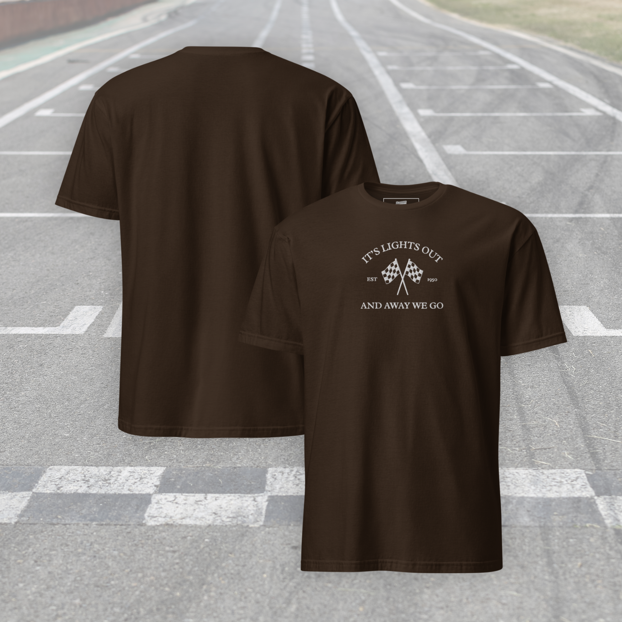 Vintage racing t-shirt featuring “It’s Lights Out and Away We Go” with checkered flags. Soft 100% cotton motorsport graphic tee for true race fans.