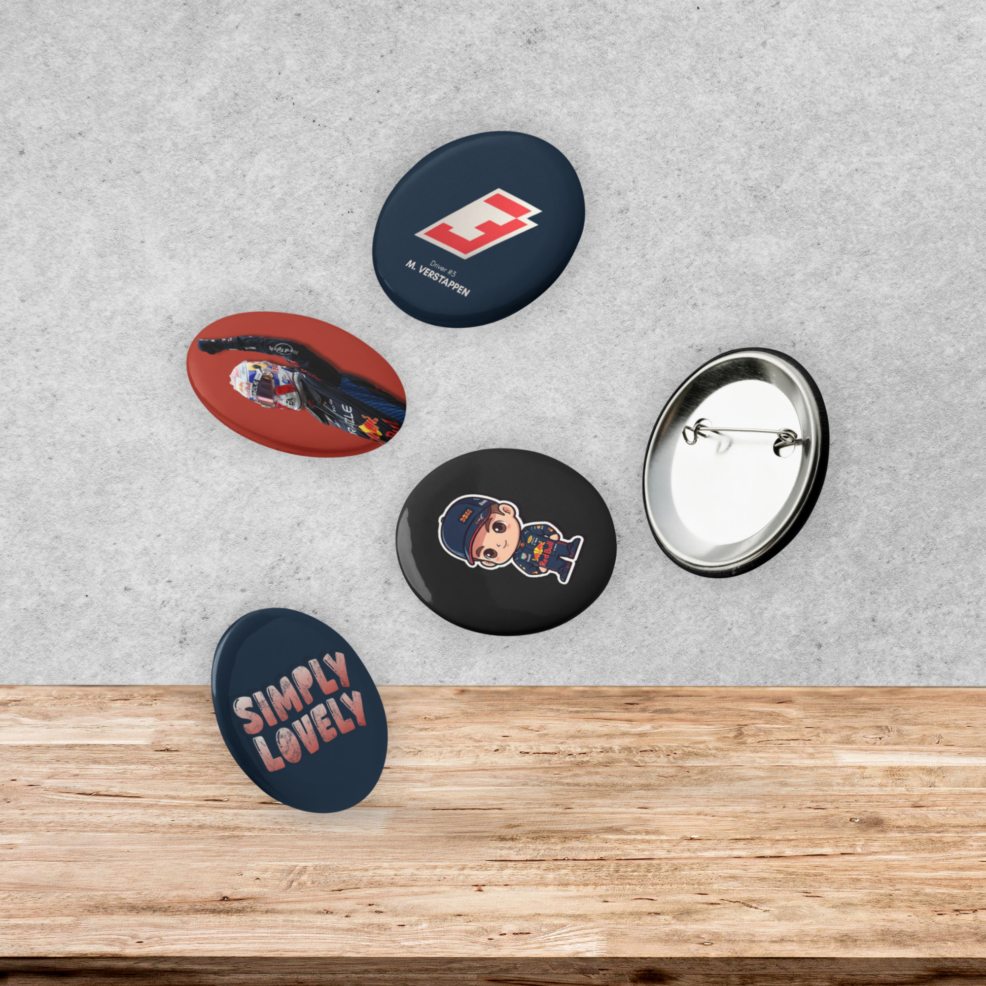 Formula 1 inspired motorsport pin button set with five racing themed designs including racing driver and motorsport graphics