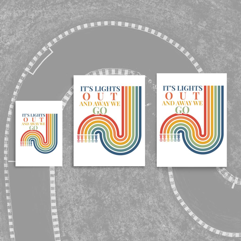 “It’s Lights Out And Away We Go” Formula racing poster. Retro motorsport wall art perfect for sim setups, offices and racing fans.