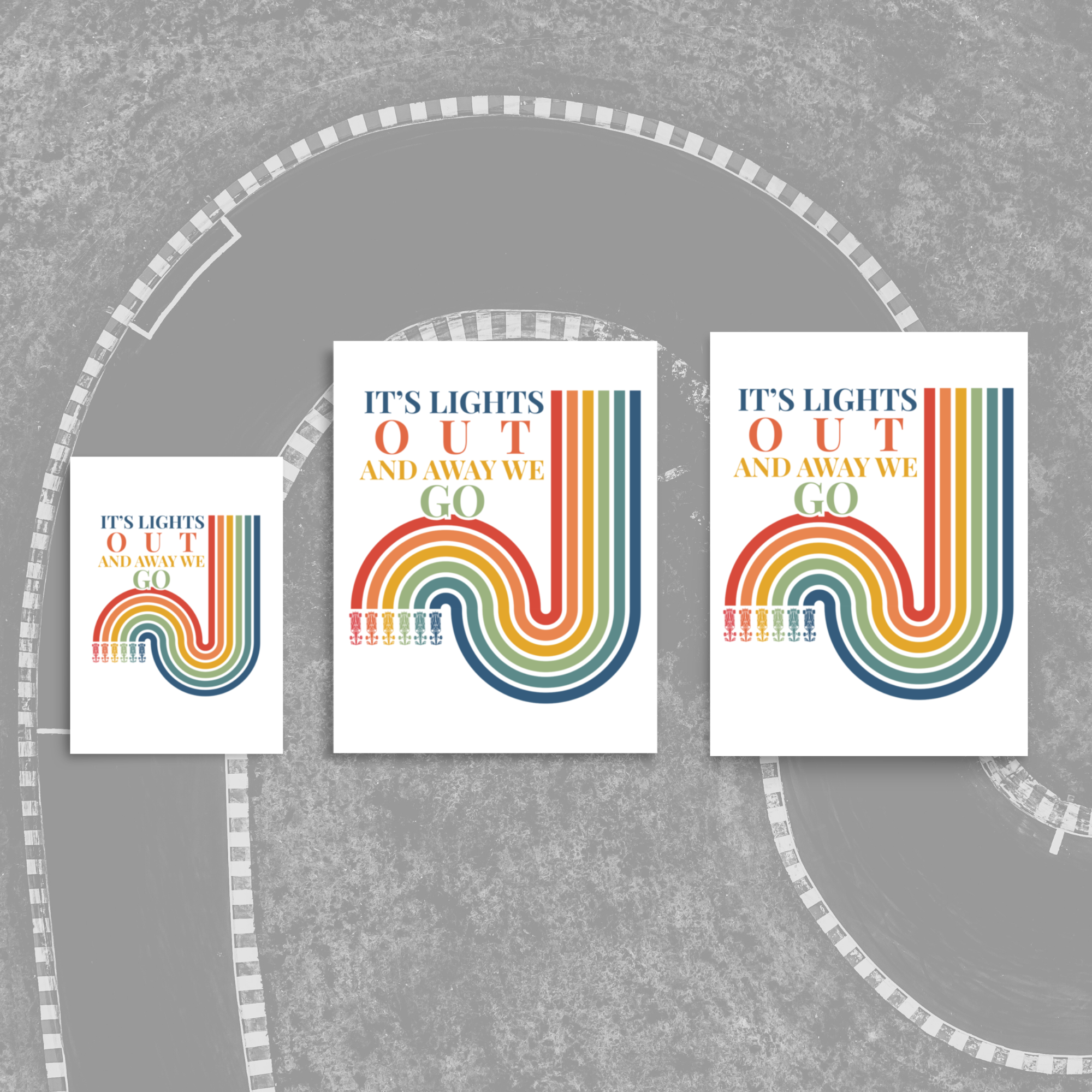 “It’s Lights Out And Away We Go” Formula racing poster. Retro motorsport wall art perfect for sim setups, offices and racing fans.