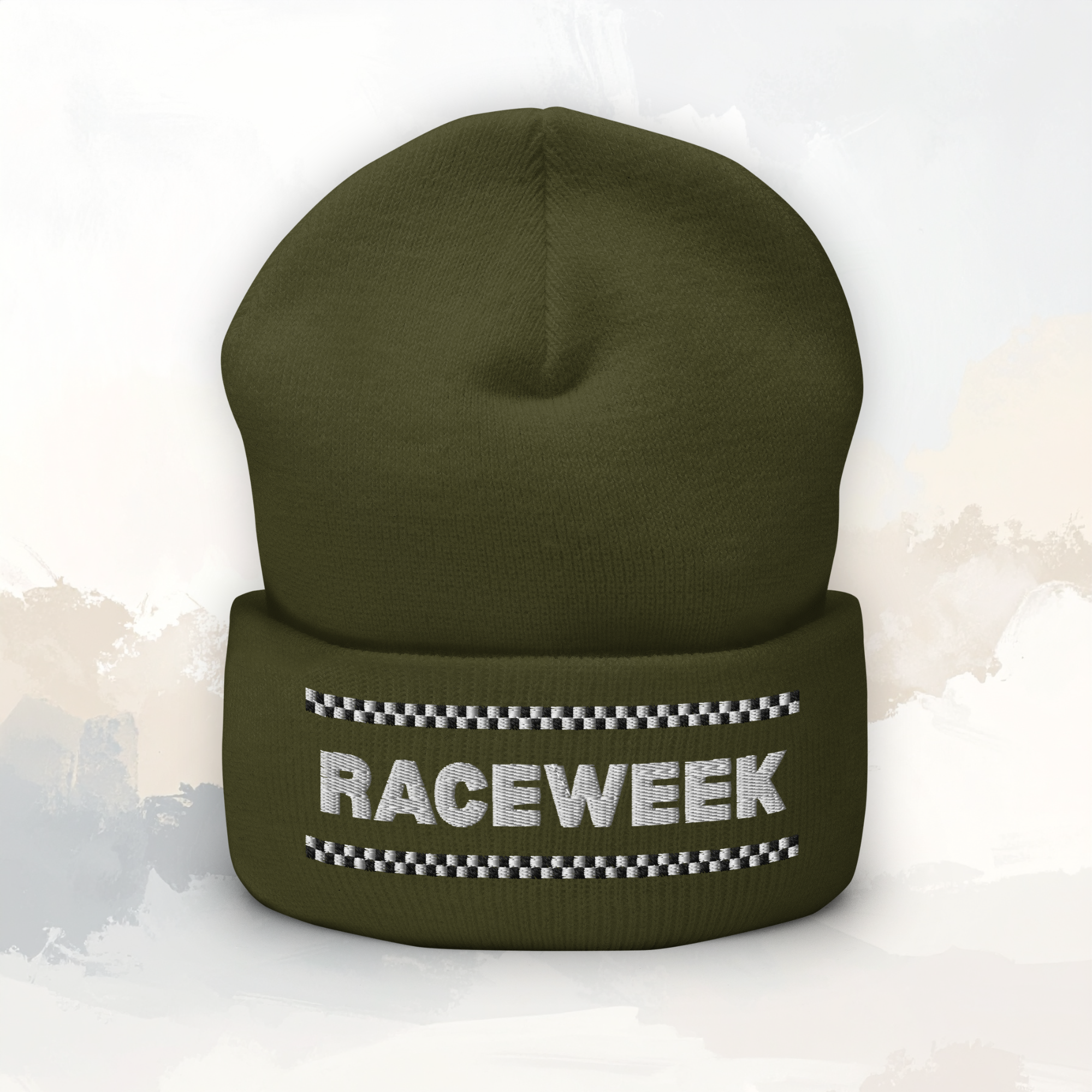 Raceweek motorsport beanie inspired by Formula 1 with checkered flag design worn by model