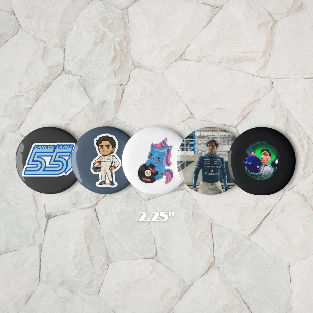 Formula 1 inspired motorsport pin button set with five racing themed designs including racing driver illustration and driver number graphic