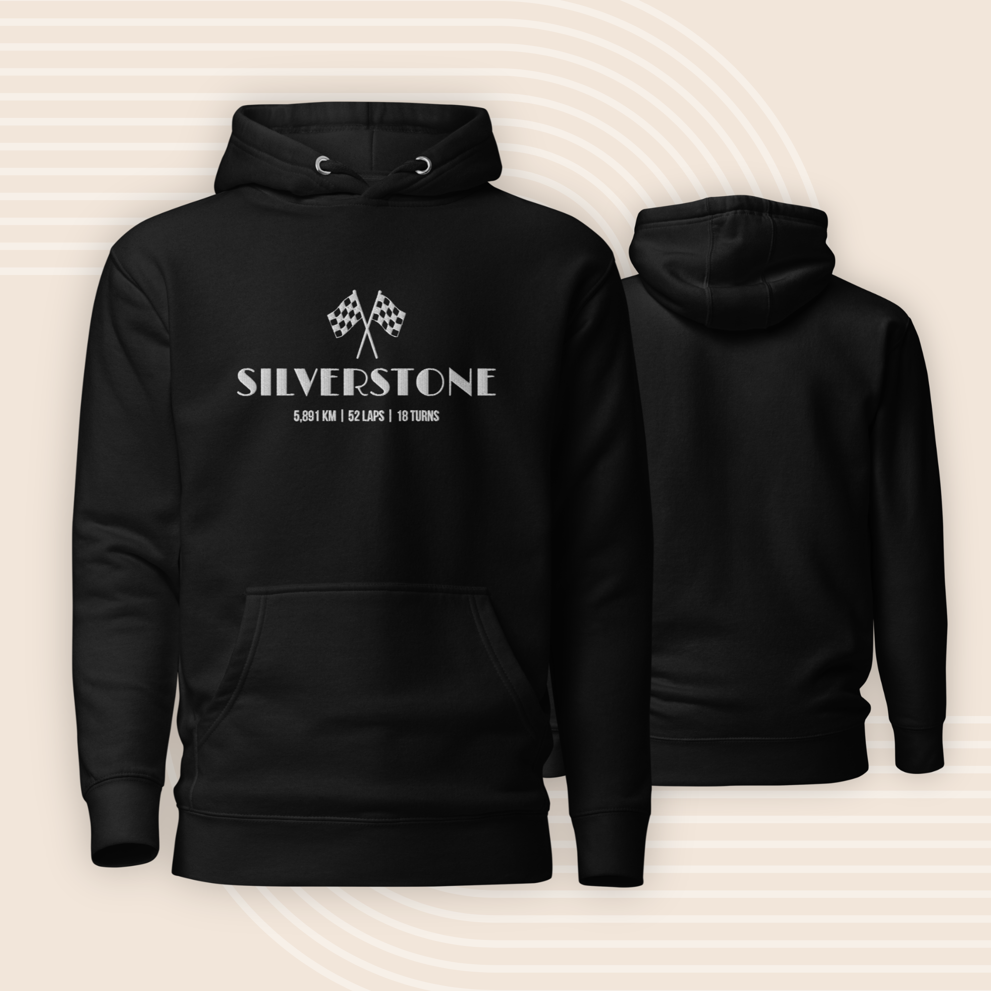 Premium embroidered Silverstone hoodie inspired by the British Grand Prix. Minimalist motorsport streetwear for racing fans and everyday wear.