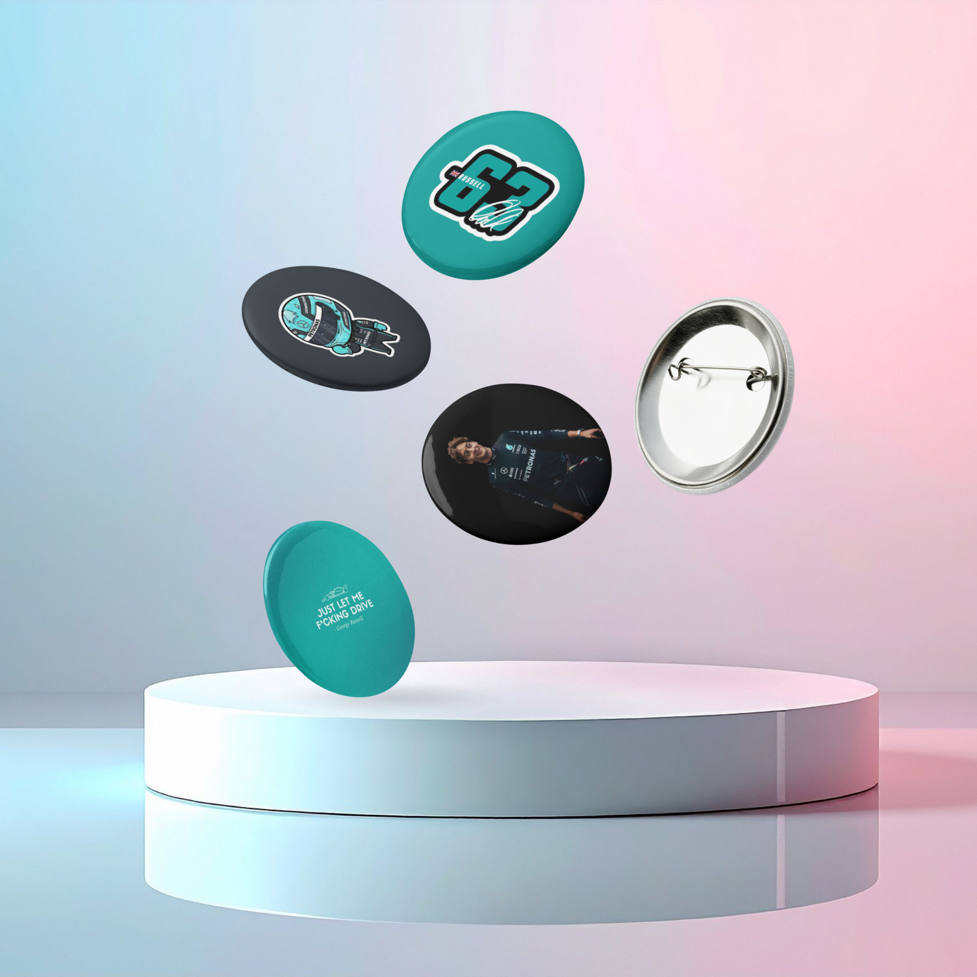 Formula 1 inspired motorsport pin button set with five racing themed designs featuring racing driver and motorsport graphics