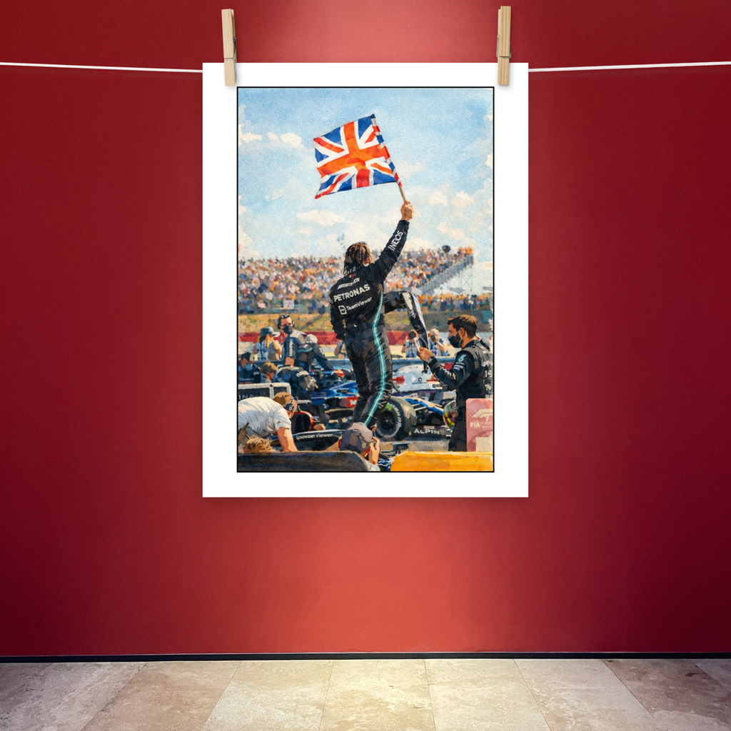 British motorsport victory poster featuring a racing driver celebrating with the Union Jack. Premium matte wall art for true racing fans.