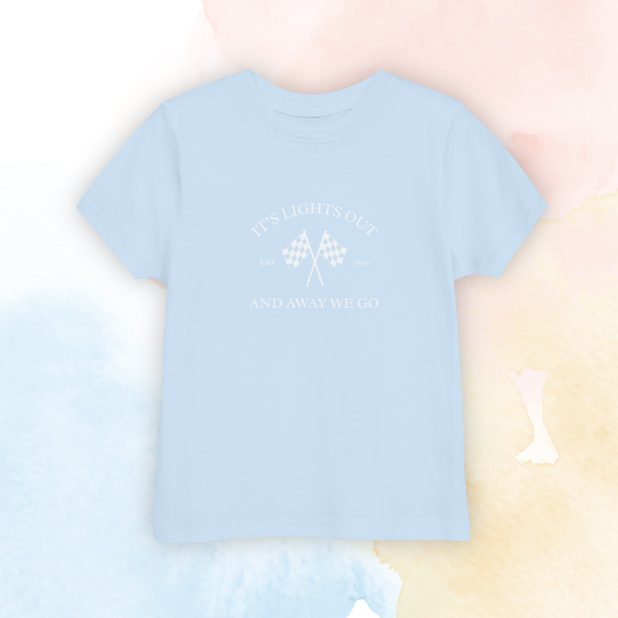 Toddler racing t-shirt featuring “It’s Lights Out and Away We Go” with checkered flags. Soft printed kids motorsport tee for little race fans.