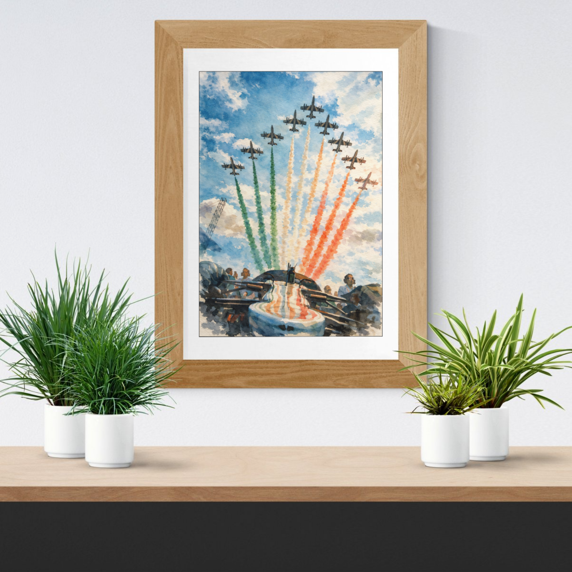 Italian Grand Prix Formula 1 inspired poster with jets flying over racing car and Italian flag smoke trails watercolor artwork
