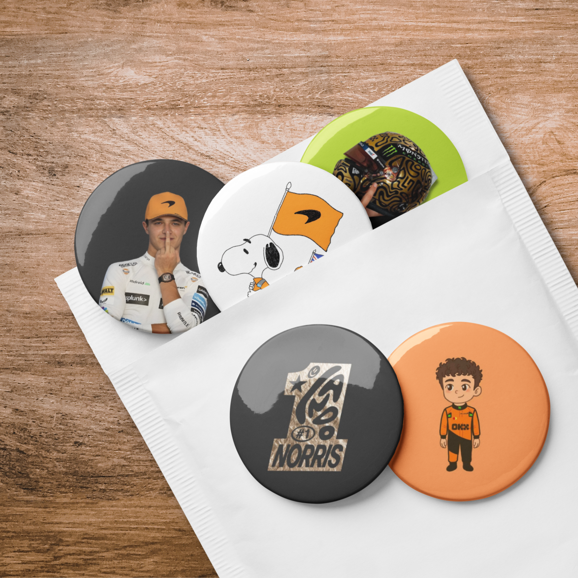 Formula 1 inspired motorsport pin button set with five racing themed designs in orange motorsport style