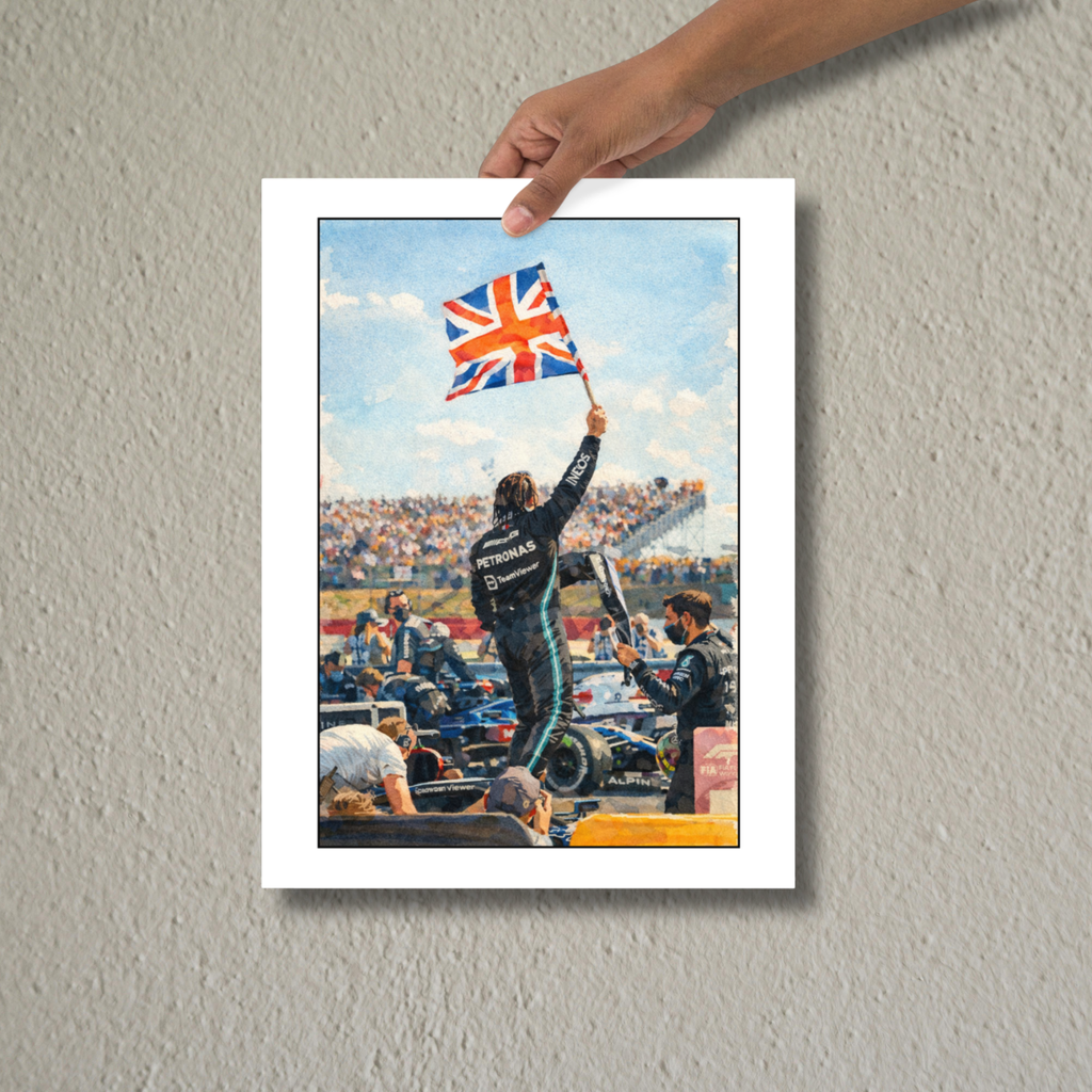 British motorsport victory poster featuring a racing driver celebrating with the Union Jack. Premium matte wall art for true racing fans.