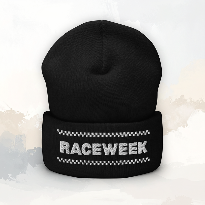 Raceweek motorsport beanie inspired by Formula 1 with checkered flag design worn by model