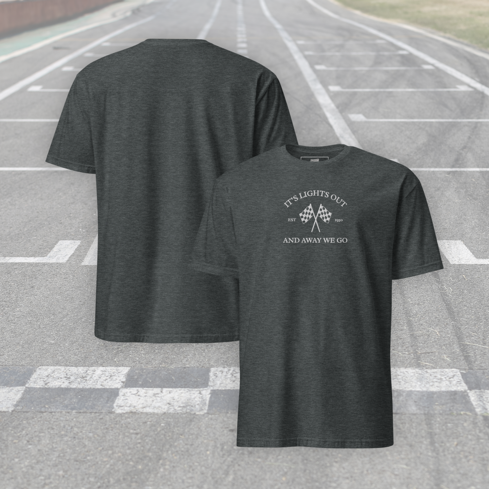 Vintage racing t-shirt featuring “It’s Lights Out and Away We Go” with checkered flags. Soft 100% cotton motorsport graphic tee for true race fans.
