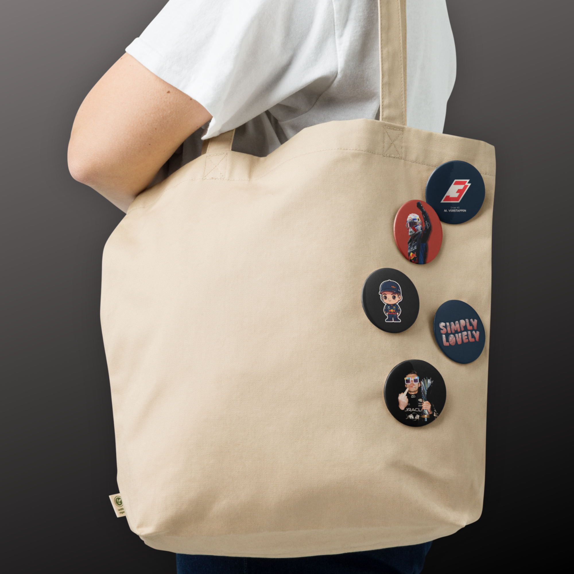 Formula 1 inspired motorsport pin button set with five racing themed designs including racing driver and motorsport graphics