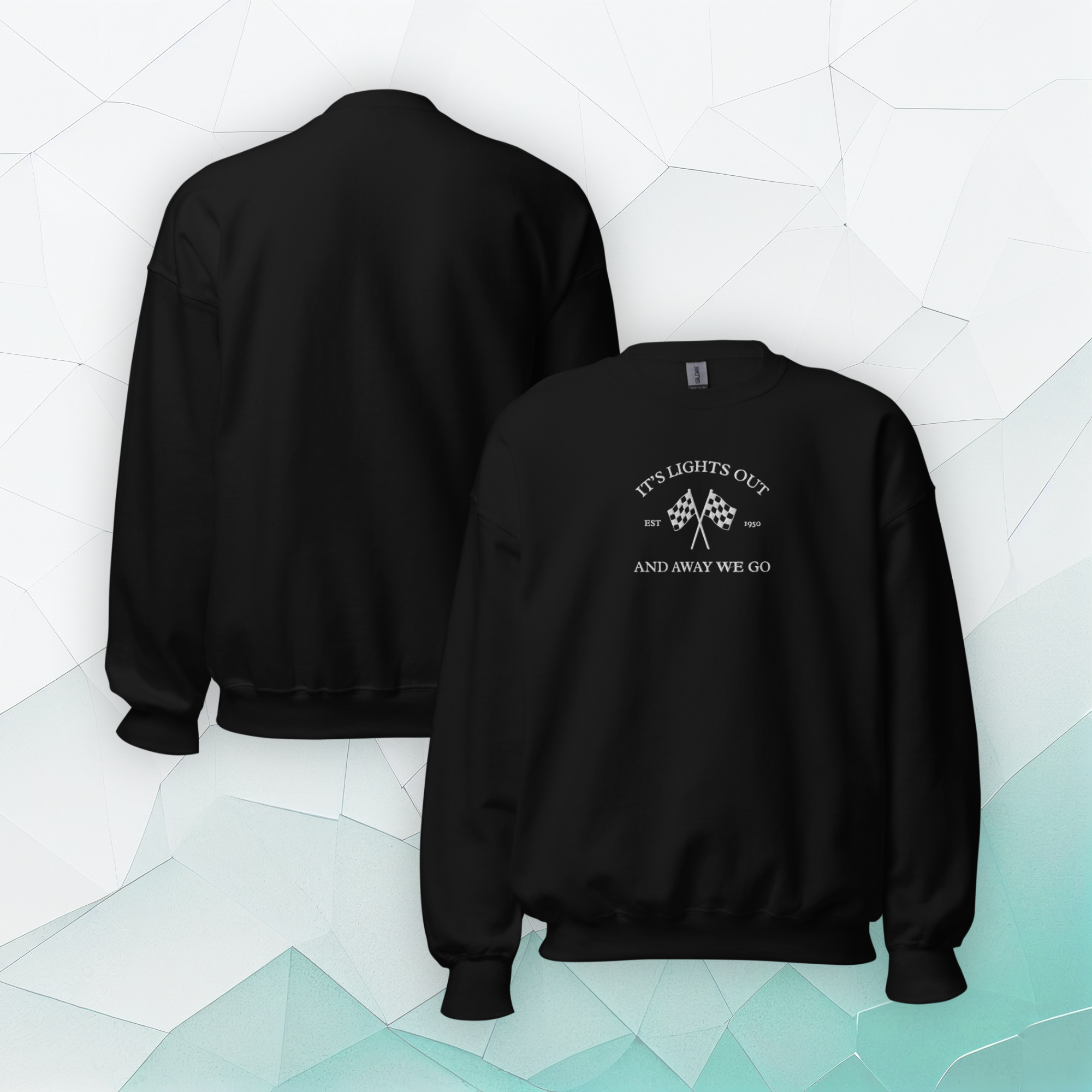 Vintage racing sweatshirt featuring “It’s Lights Out and Away We Go” with checkered flags. Warm motorsport crewneck for race fans and car enthusiasts.