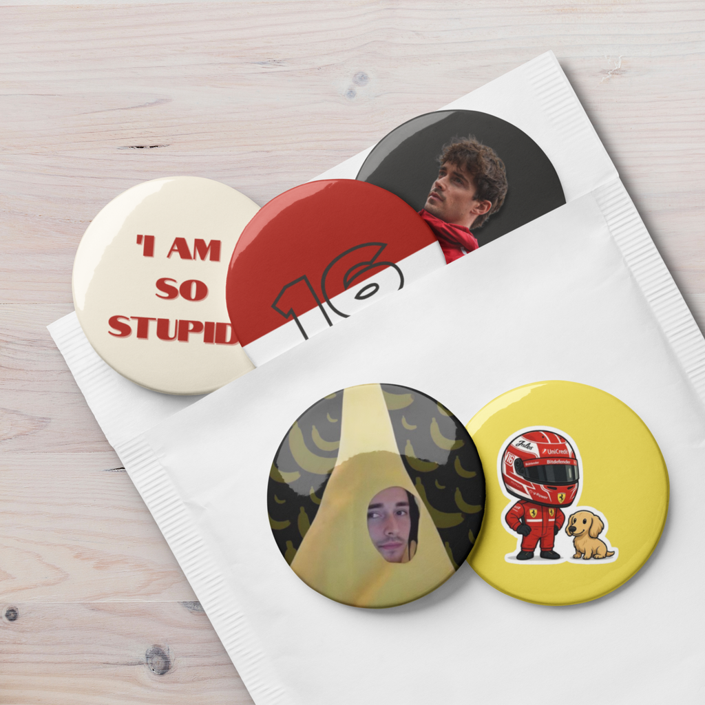 Formula 1 inspired motorsport pin button set with five racing themed designs including driver number and motorsport graphics