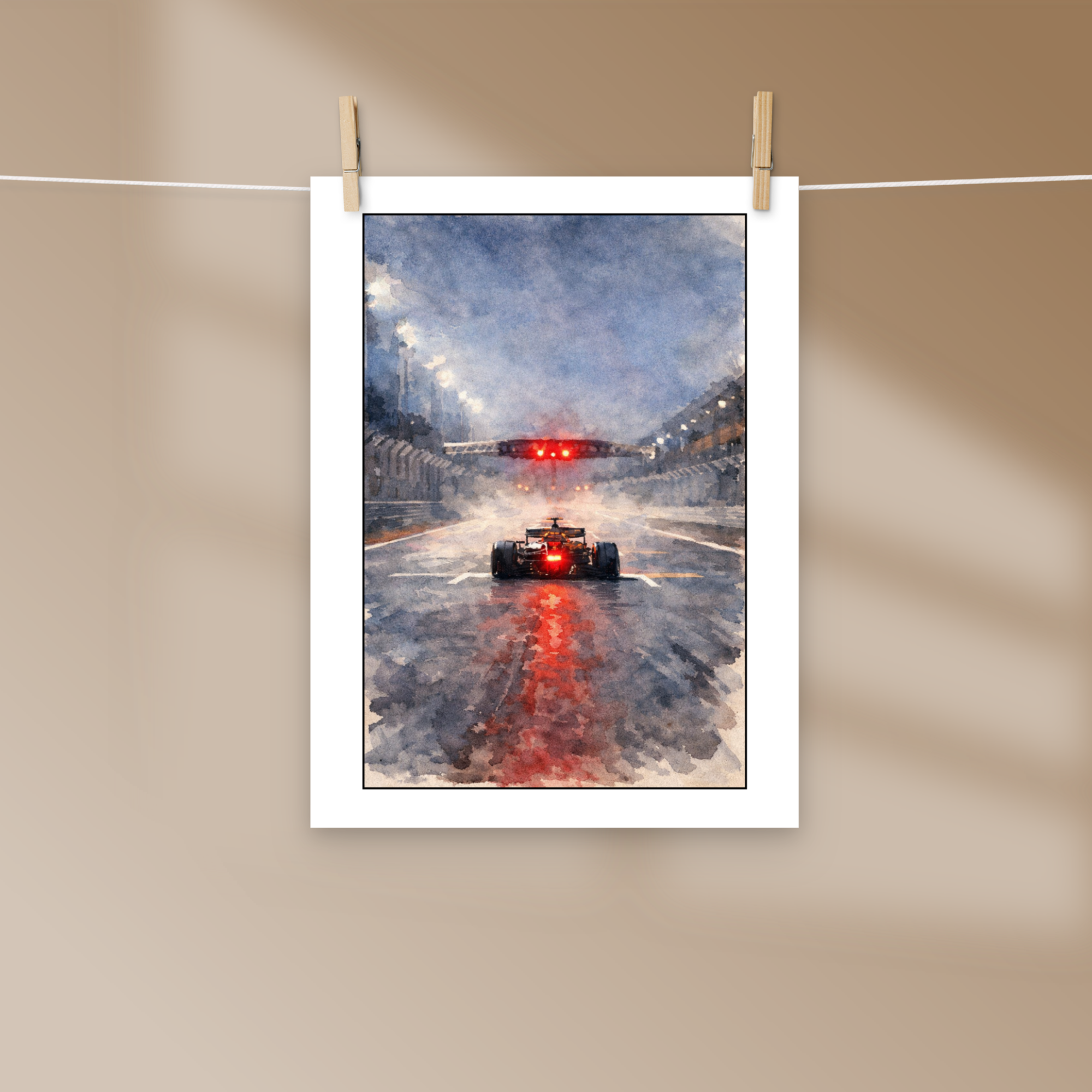 Formula 1 inspired rain race poster featuring dramatic start lights and wet track reflections. Museum-quality matte print for true motorsport fans.