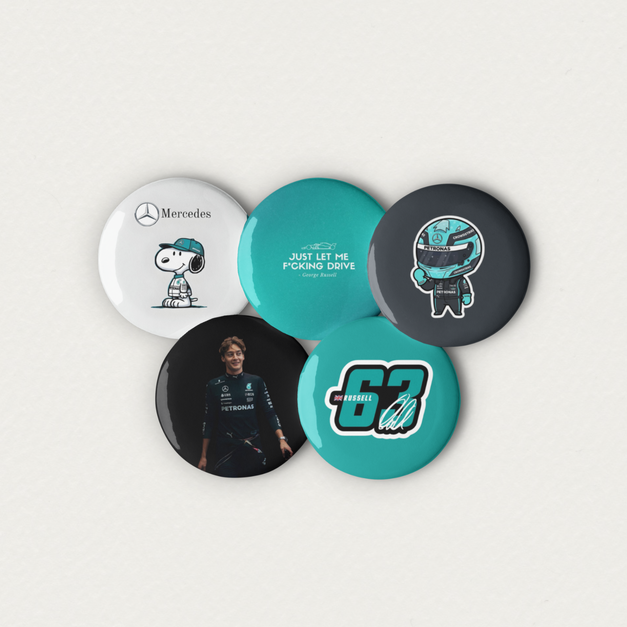 Formula 1 inspired motorsport pin button set with five racing themed designs featuring racing driver and motorsport graphics