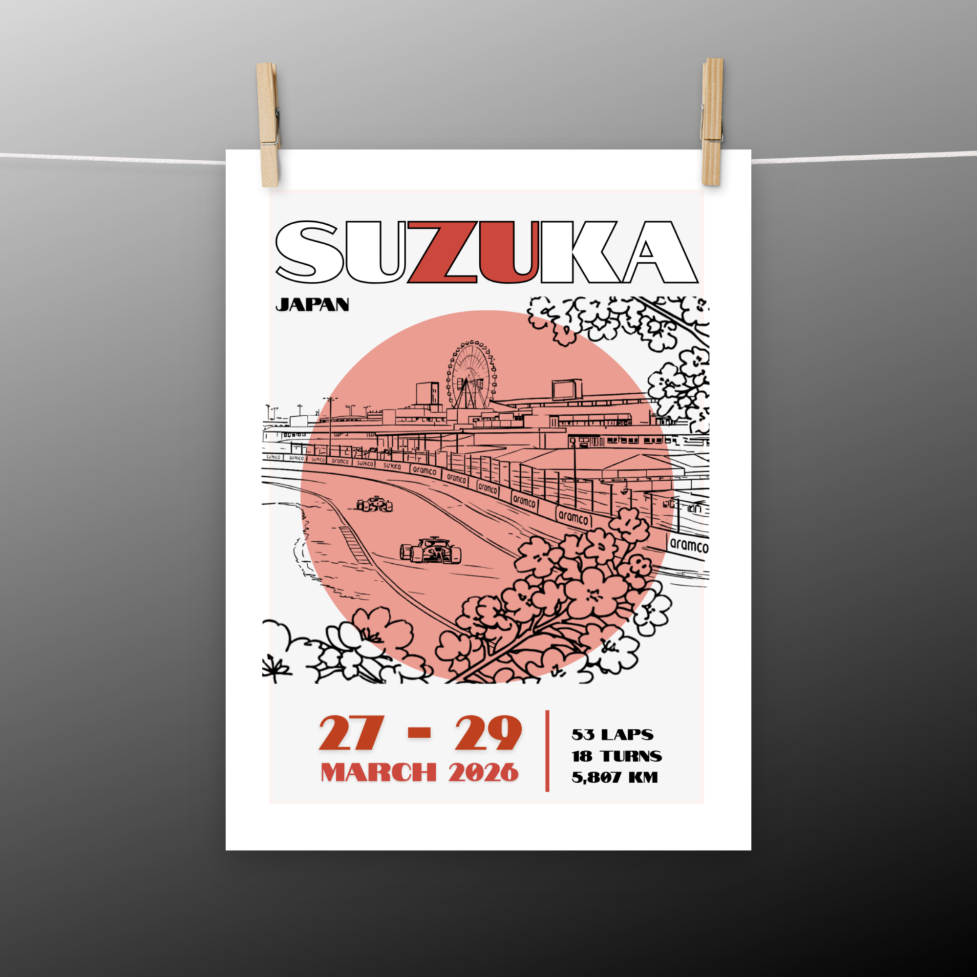 Suzuka Circuit Formula racing poster inspired by the Japanese Grand Prix. Premium motorsport wall art for sim setups, offices and racing fans.
