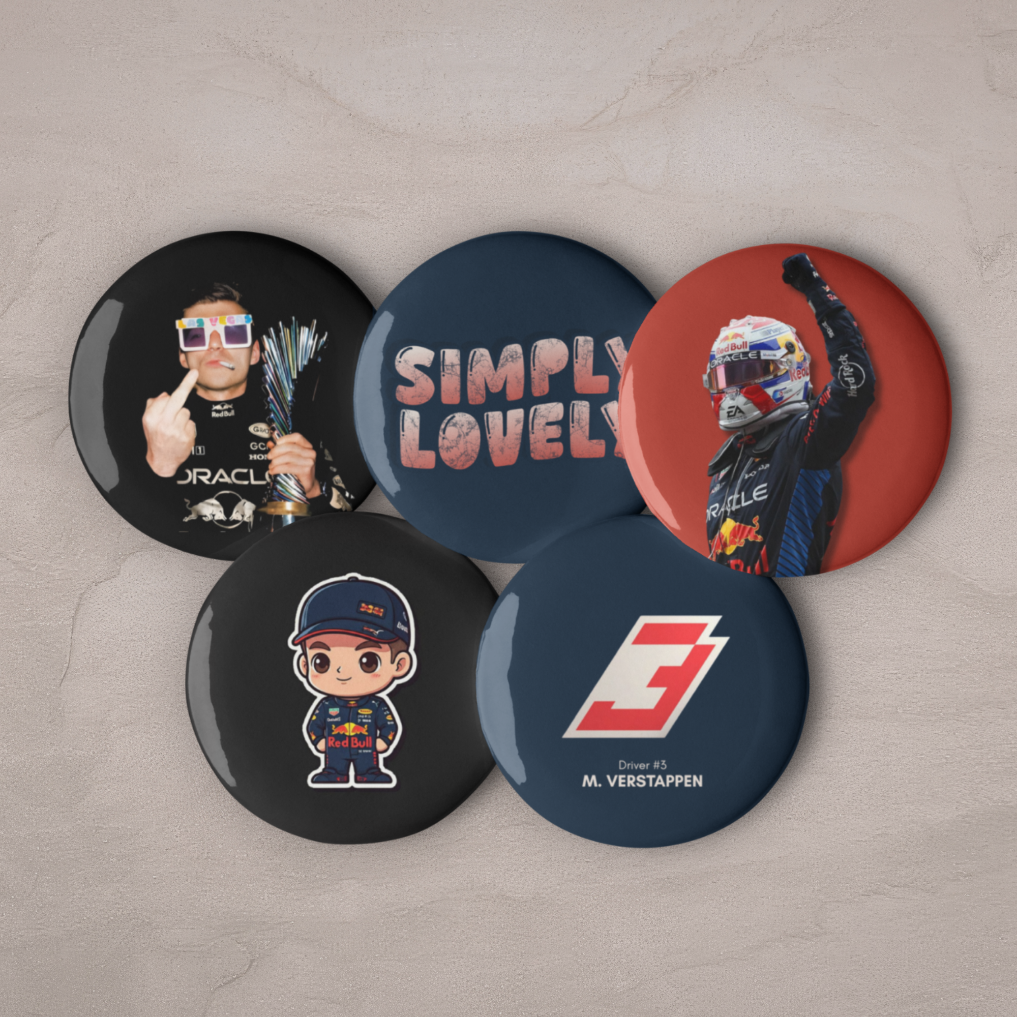 Formula 1 inspired motorsport pin button set with five racing themed designs including racing driver and motorsport graphics