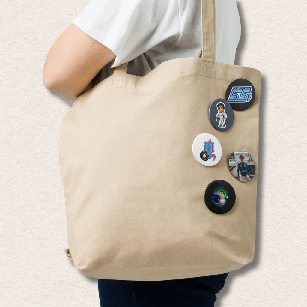 Formula 1 inspired motorsport pin button set with five racing themed designs including racing driver illustration and driver number graphic