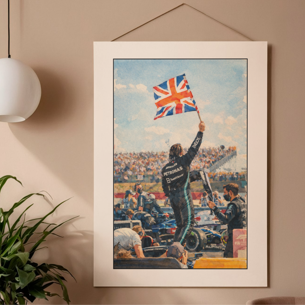 British motorsport victory poster featuring a racing driver celebrating with the Union Jack. Premium matte wall art for true racing fans.
