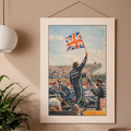 British motorsport victory poster featuring a racing driver celebrating with the Union Jack. Premium matte wall art for true racing fans.