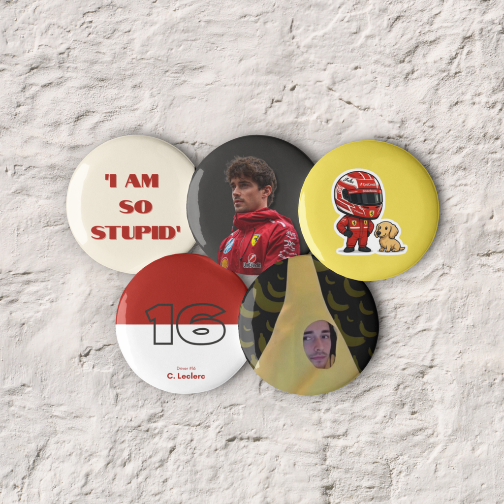Formula 1 inspired motorsport pin button set with five racing themed designs including driver number and motorsport graphics