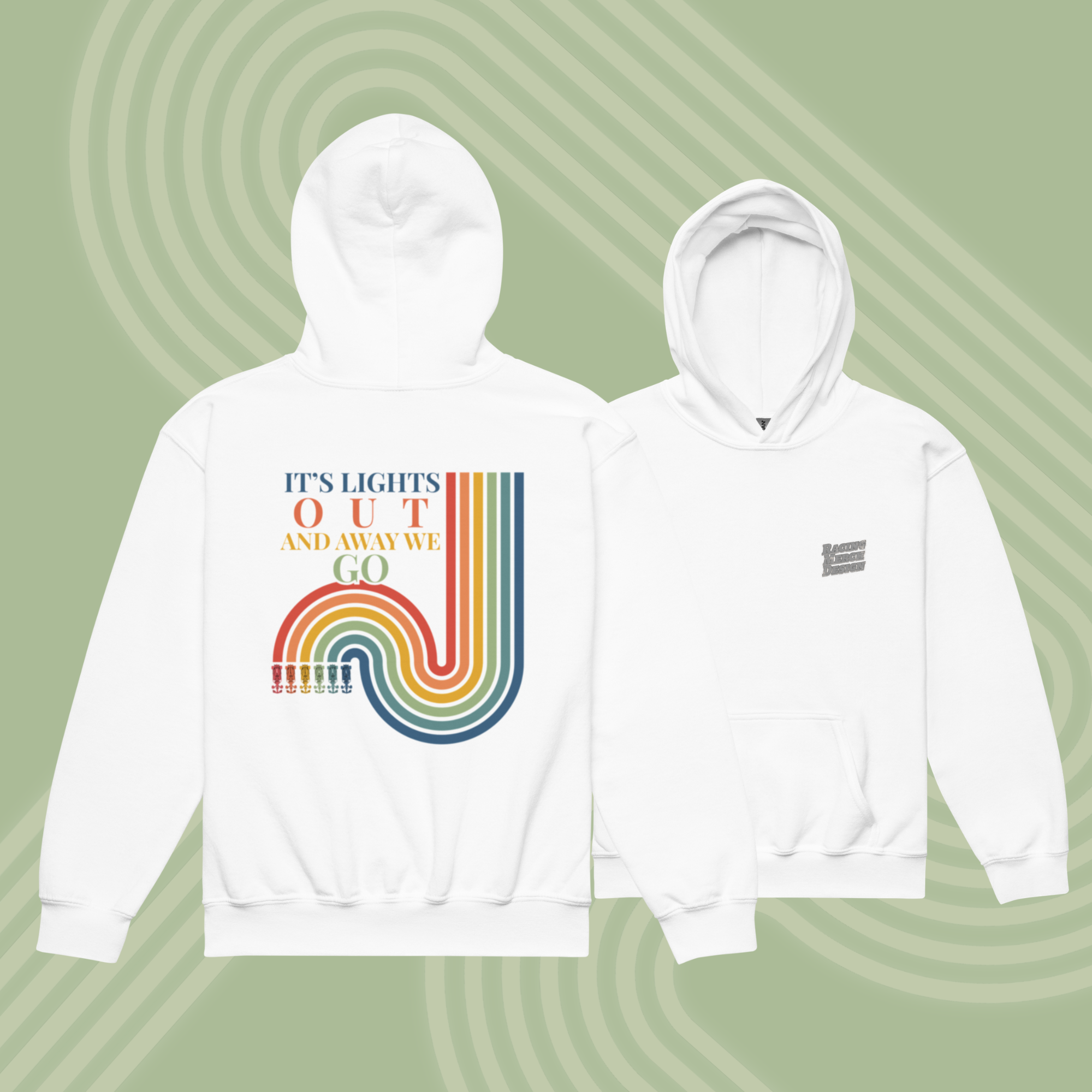 Youth racing hoodie inspired by the famous lights out moment. Comfortable motorsport hoodie for kids and young racing fans.