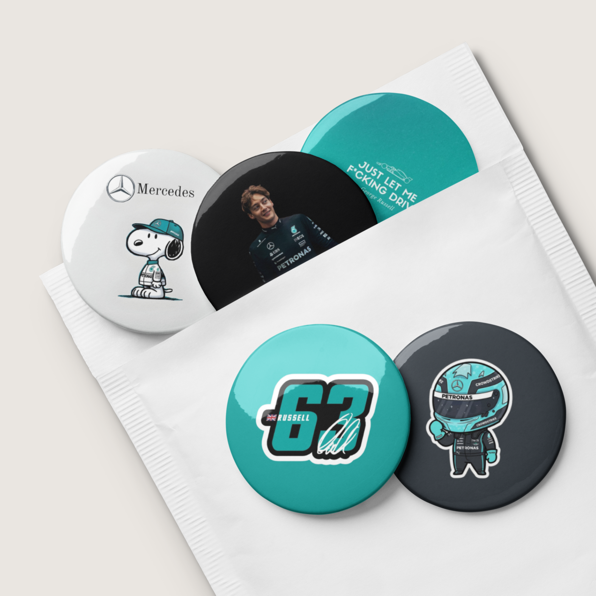 Formula 1 inspired motorsport pin button set with five racing themed designs featuring racing driver and motorsport graphics