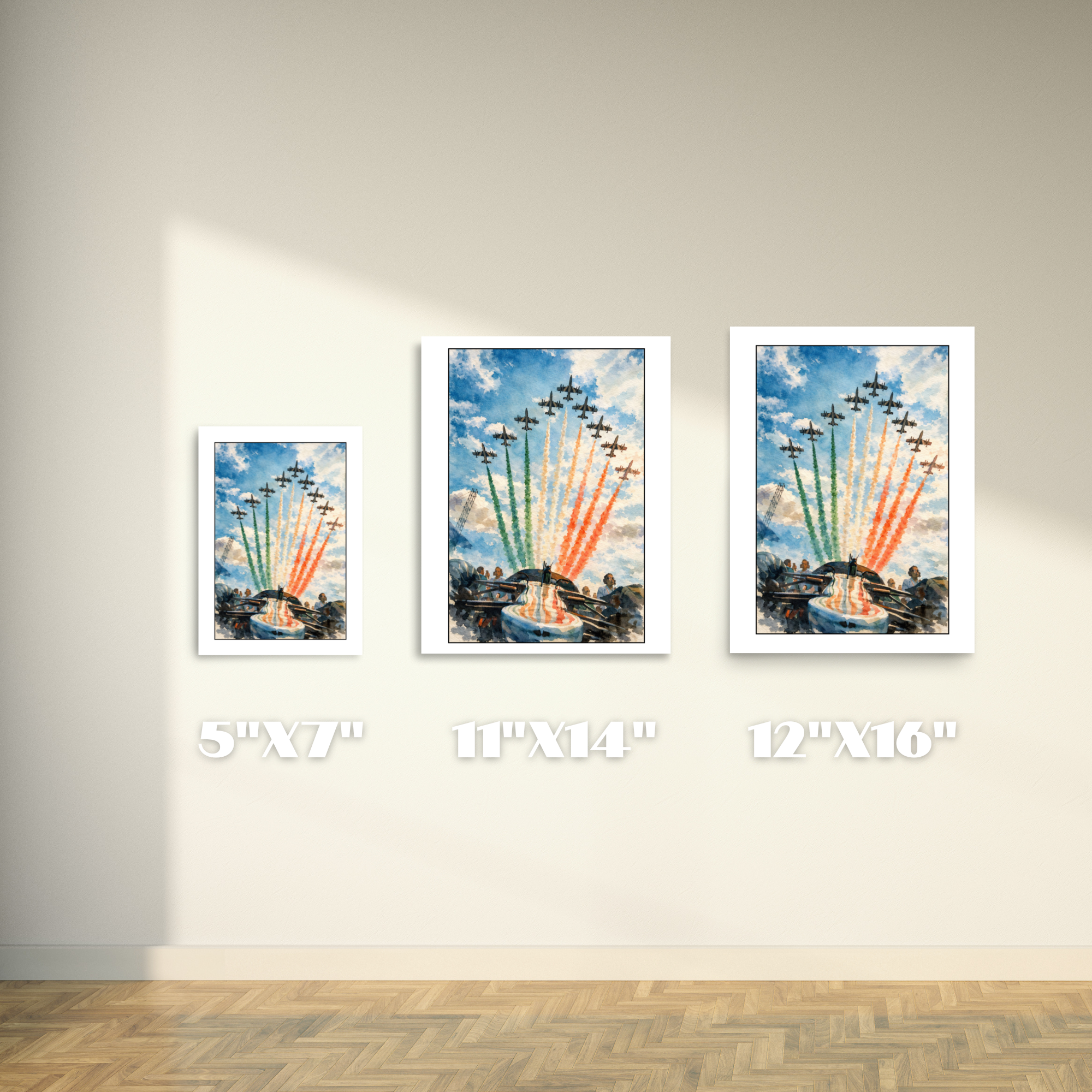 Italian Grand Prix Formula 1 inspired poster with jets flying over racing car and Italian flag smoke trails watercolor artwork