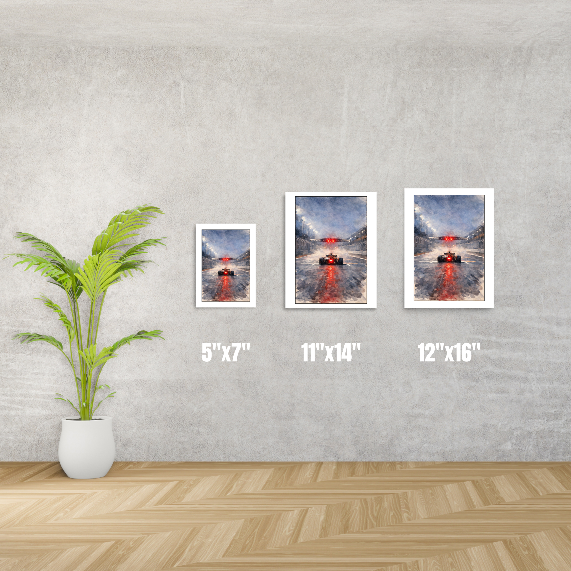 Formula 1 inspired rain race poster featuring dramatic start lights and wet track reflections. Museum-quality matte print for true motorsport fans.