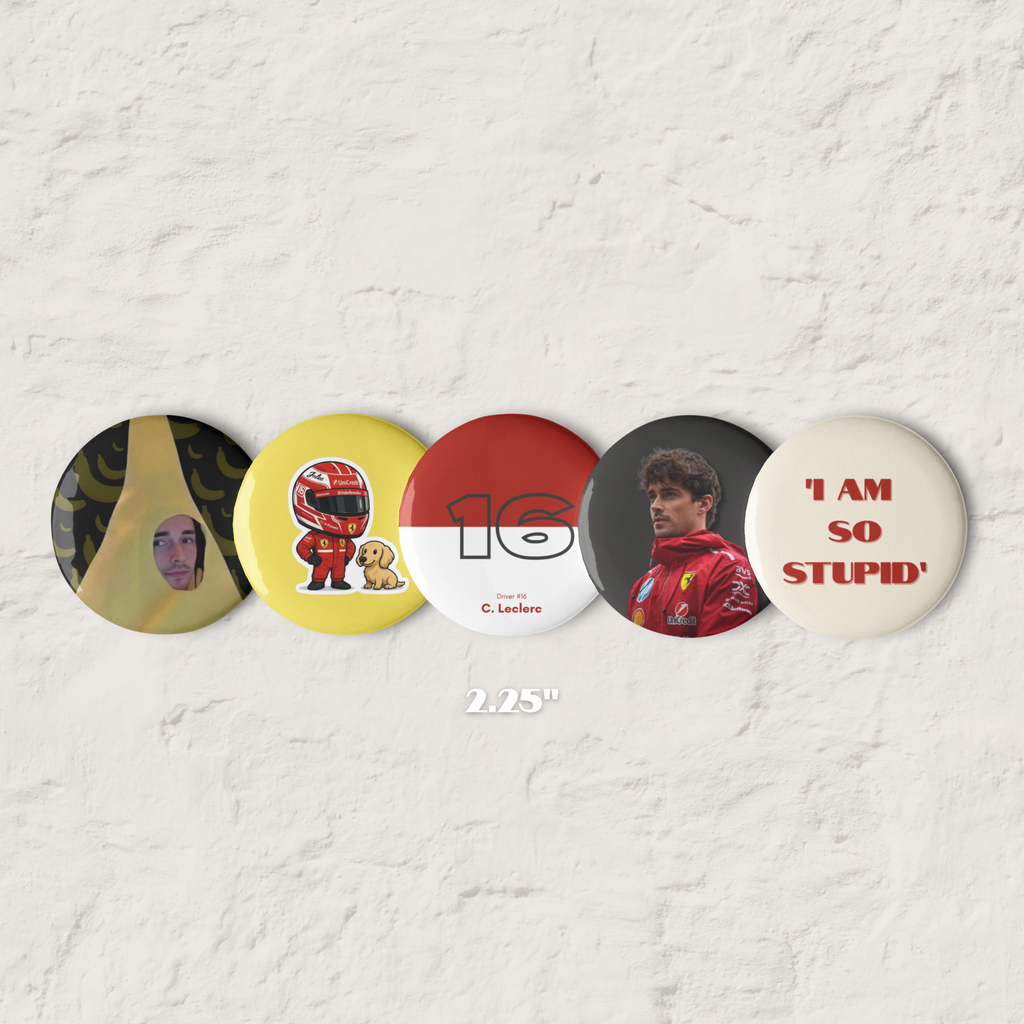 Formula 1 inspired motorsport pin button set with five racing themed designs including driver number and motorsport graphics