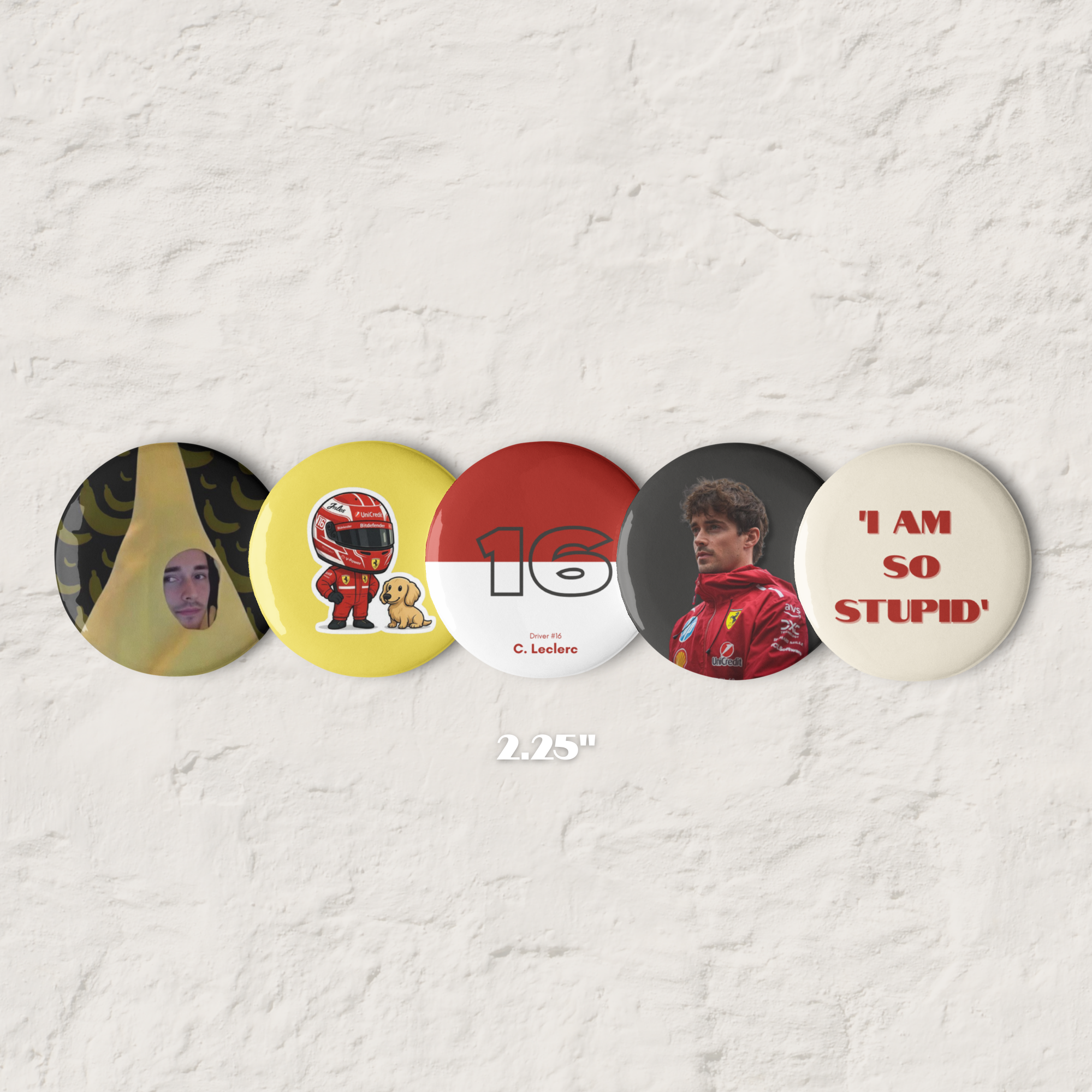 Formula 1 inspired motorsport pin button set with five racing themed designs including driver number and motorsport graphics