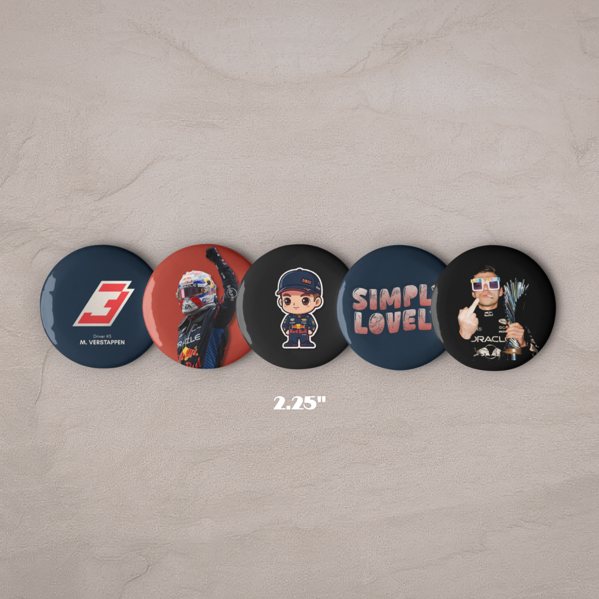 Formula 1 inspired motorsport pin button set with five racing themed designs including racing driver and motorsport graphics